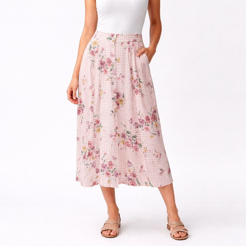 Vintage Clio Gingham Floral Print Maxi Skirt Size Medium Pink White Ivory Button